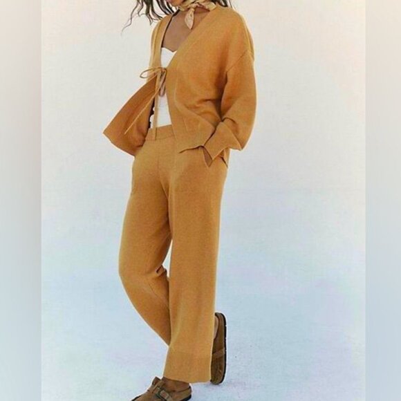 FREE PEOPLE WOMEN'S solar cardigan sweater set gold heather Size M NEW - Picture 1 of 12